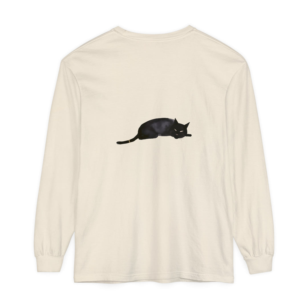 A cozy unisex long sleeve t-shirt featuring a sleeping black cat design