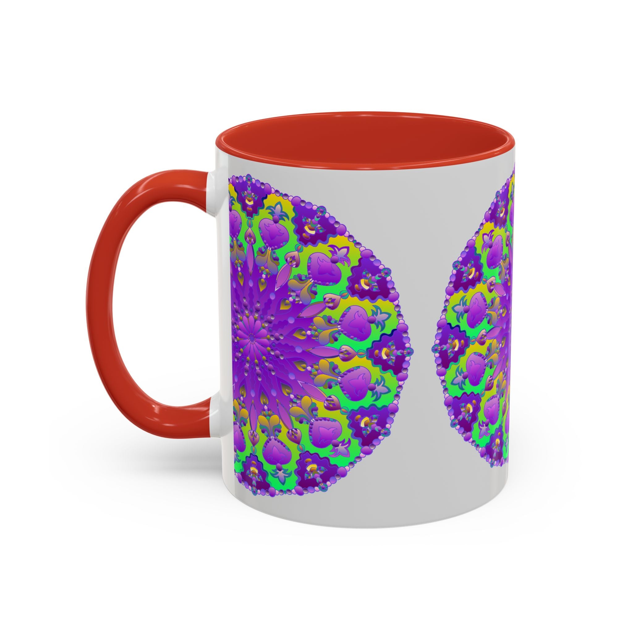 Beautiful purple mandala design adorns a vibrant art on grey ceramic mug