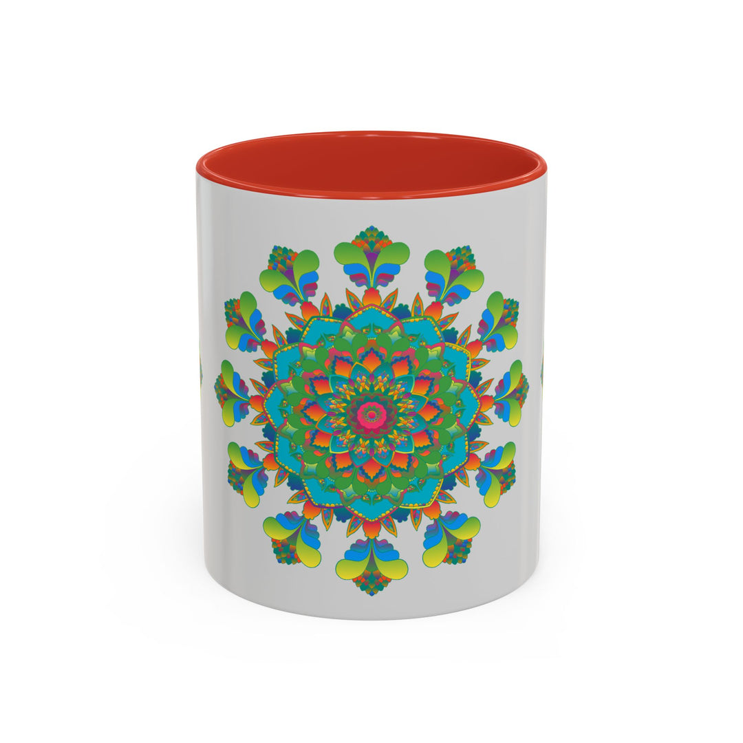 Beautiful mandala art mug featuring vibrant colors on a grey background