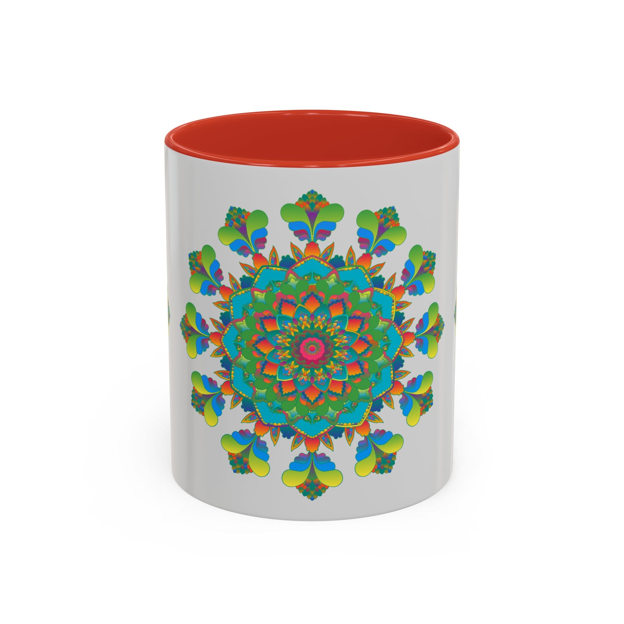 Beautiful mandala art mug featuring vibrant colors on a grey background