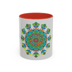 Beautiful mandala art mug featuring vibrant colors on a grey background