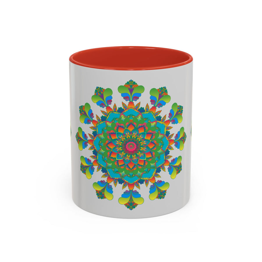 Beautiful mandala art mug featuring vibrant colors on a grey background