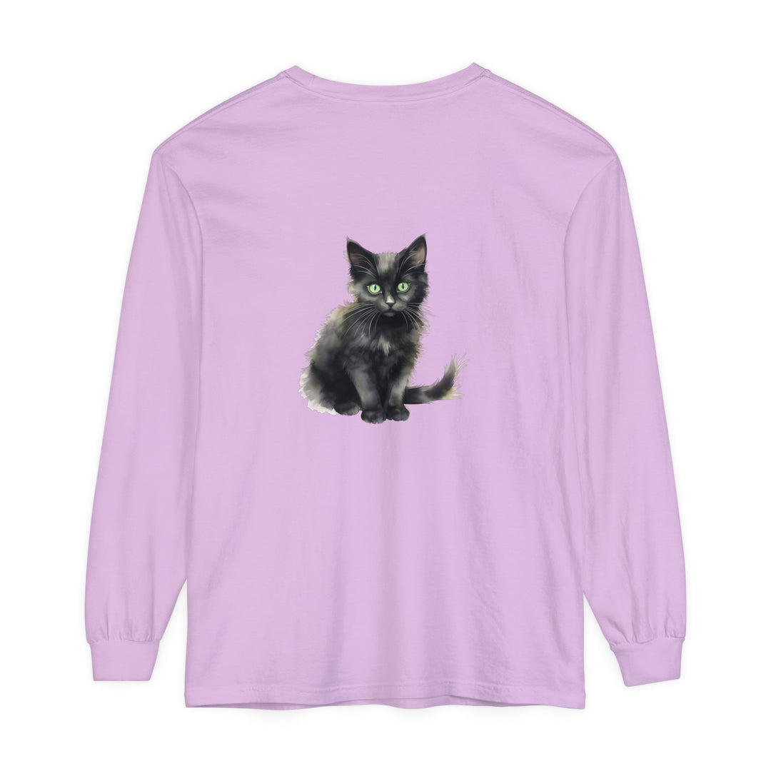 Black Cat Watercolor T-Shirt - Green Eyes: A stylish black t-shirt featuring a watercolor illustration of a black cat with vibrant green eyes