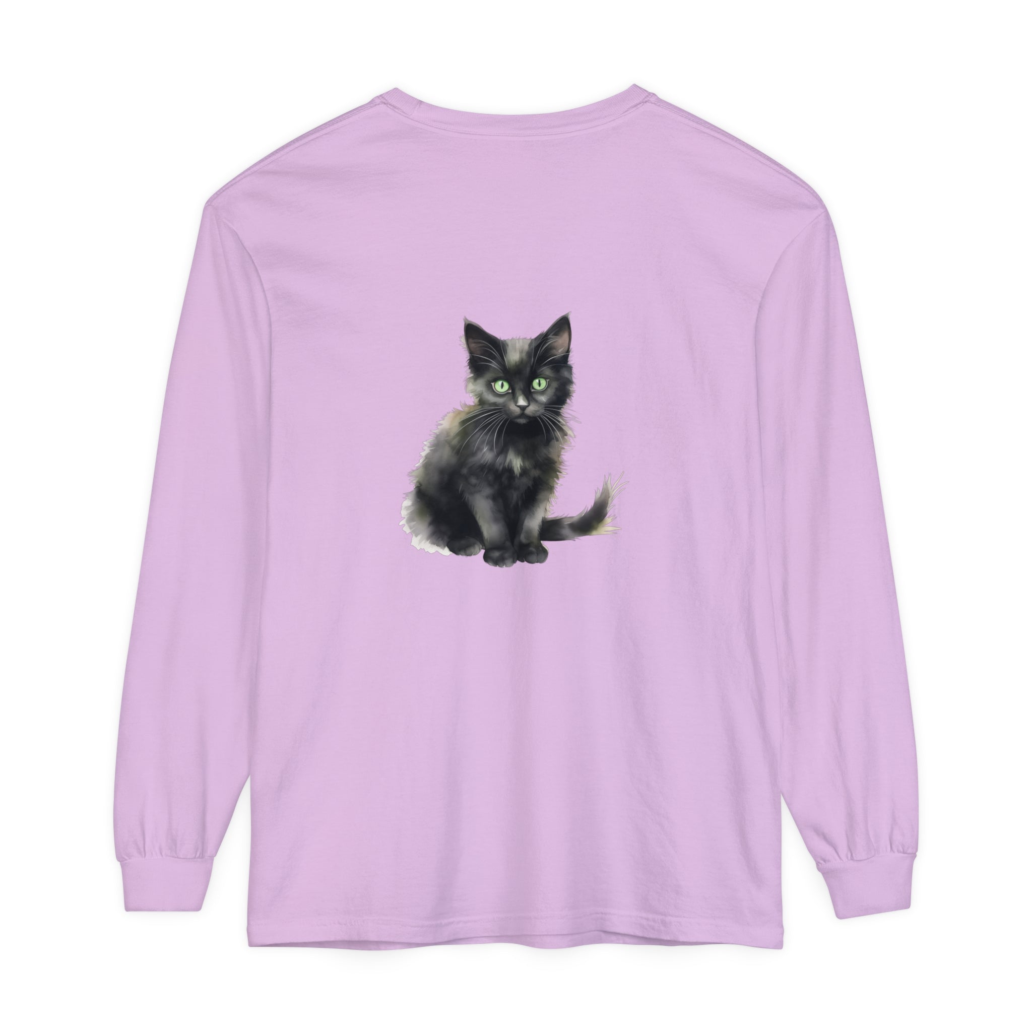 Black Cat Watercolor T-Shirt - Green Eyes: A stylish black t-shirt featuring a watercolor illustration of a black cat with vibrant green eyes