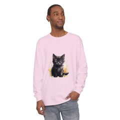 A black kitten with a watercolor splash design on a t-shirt