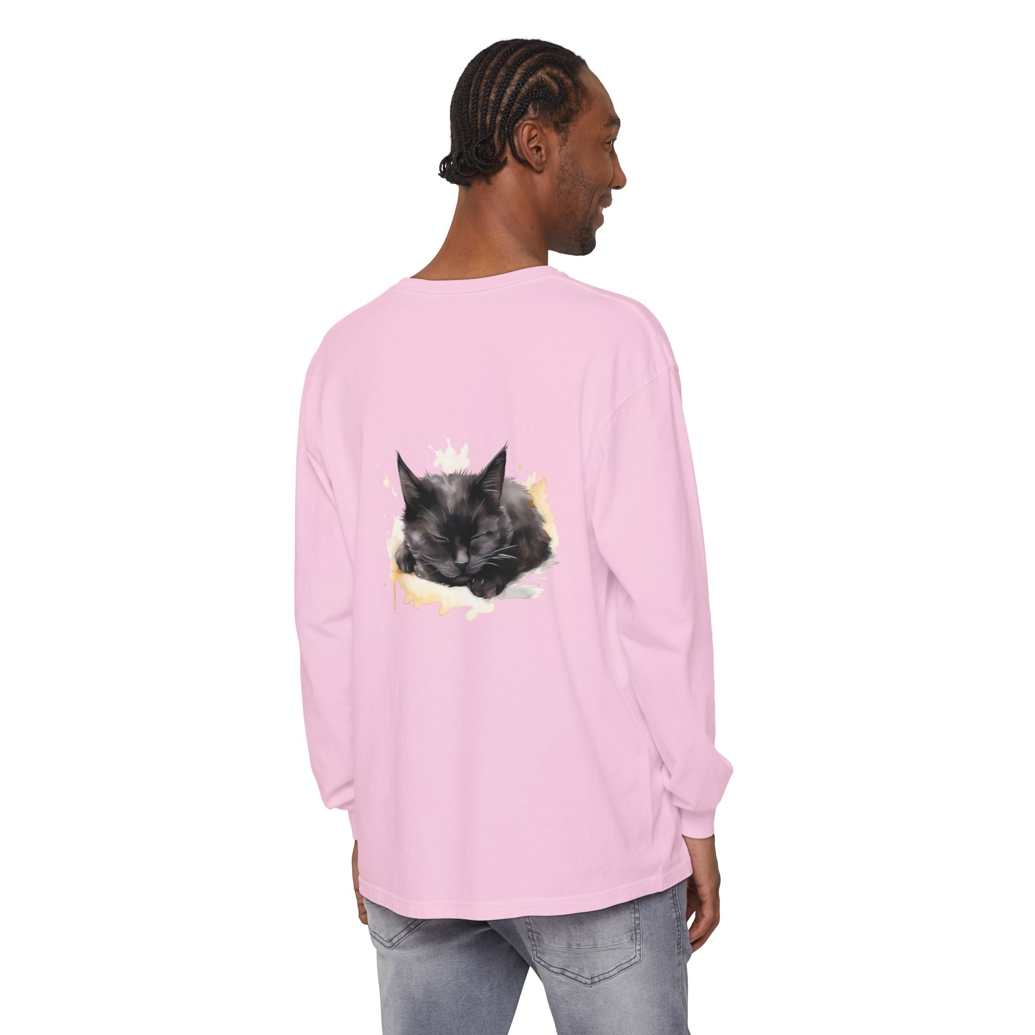 Sleepy Cat Watercolor Long Sleeve T-Shirt
