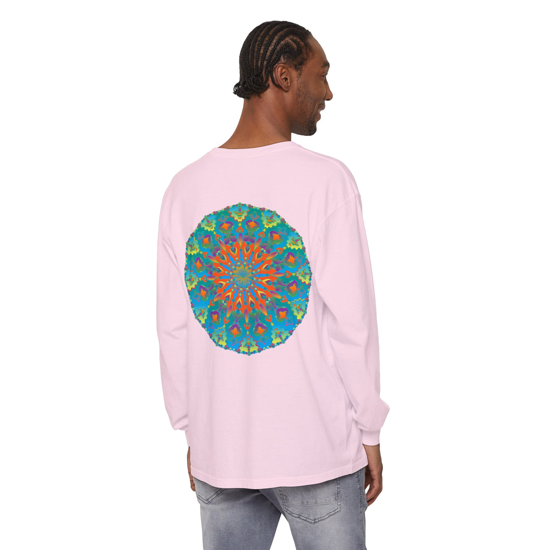 Vibrant and colorful long sleeve t-shirt featuring a beautiful rainbow mandala design