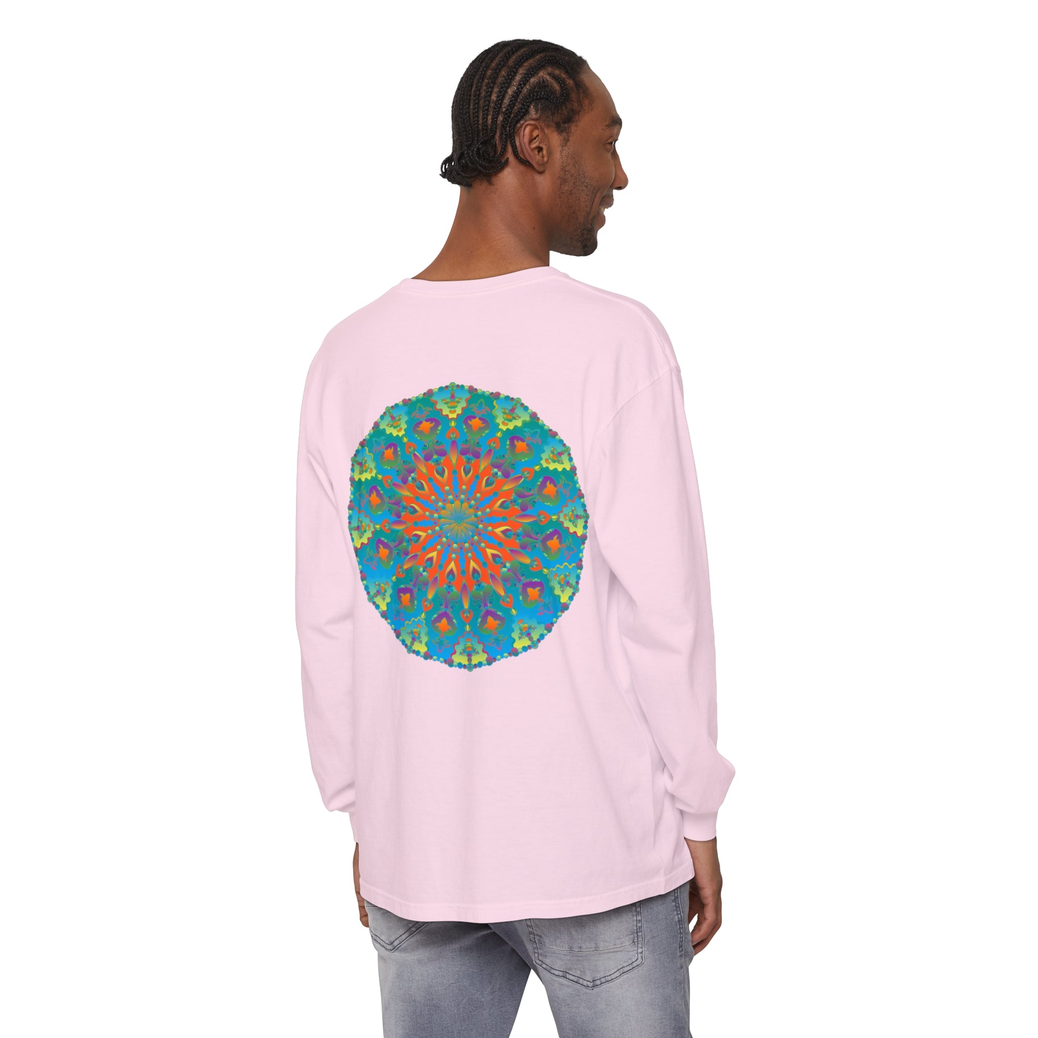 Vibrant and colorful long sleeve t-shirt featuring a beautiful rainbow mandala design