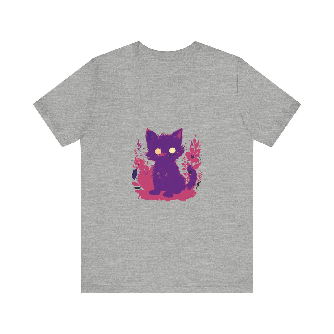 A whimsical purple cat with a mysterious expression on a t-shirt