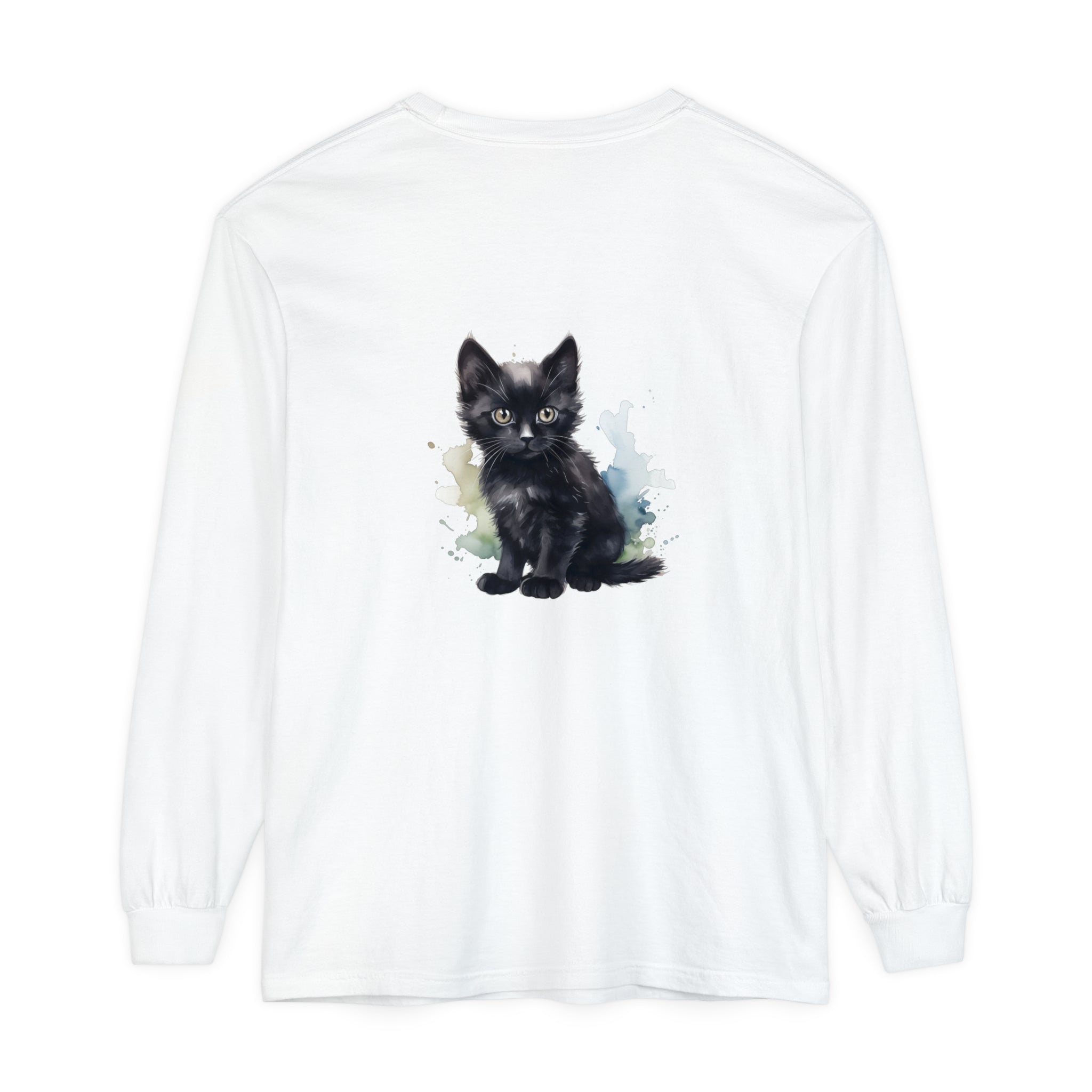 Beautiful black kitten watercolor design on a comfortable long sleeve t-shirt