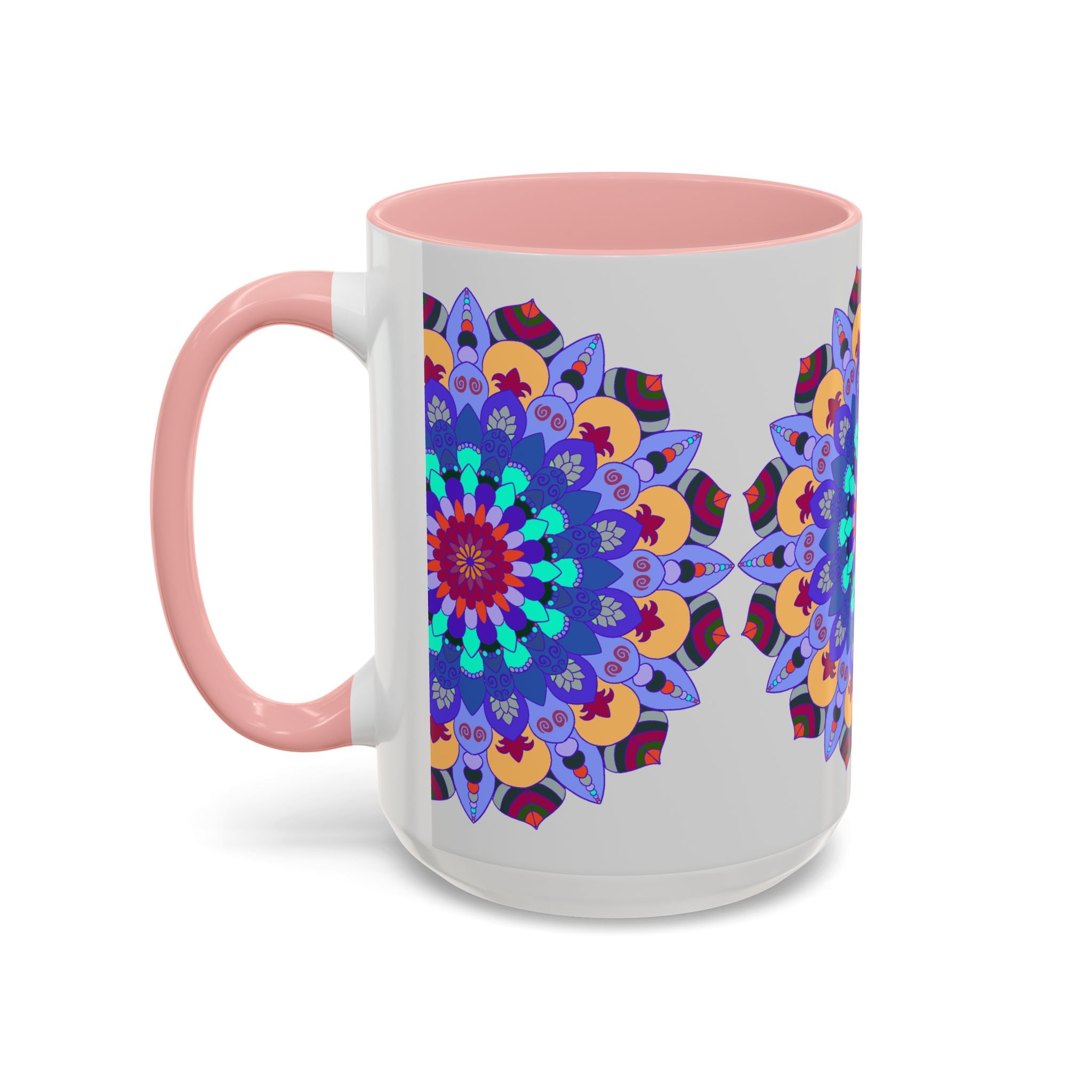 Handcrafted ceramic mug adorned with a colorful and symmetrical mandala art design