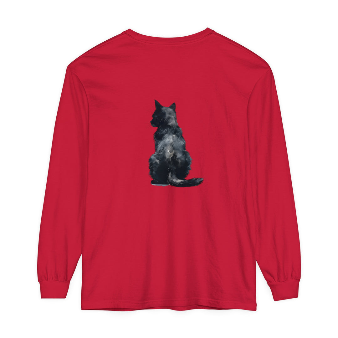 Black Cat Watercolor Long Sleeve T-Shirt - A comfortable and stylish shirt featuring a beautiful watercolor design of a black cat