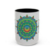 Vibrant and intricate mandala art mug with colorful floral design