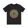 A detailed, vibrant mandala design meditation tee in a rainbow of colors