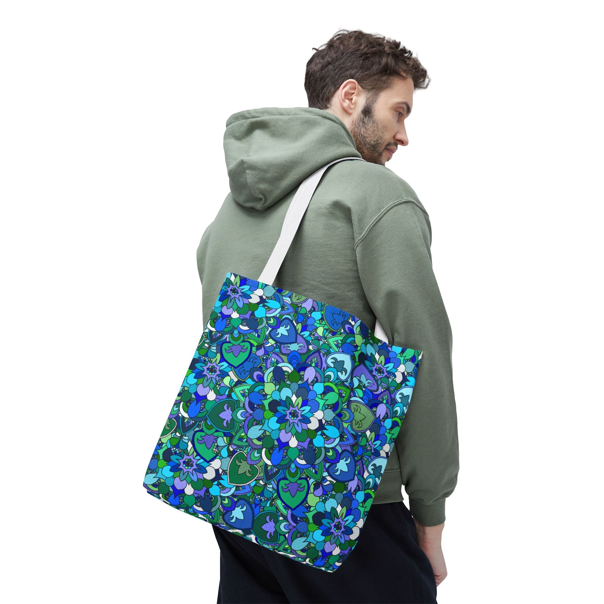 Borsa tote con stampa mandala floreale blu-verde — Shopper con stampa integrale vivace