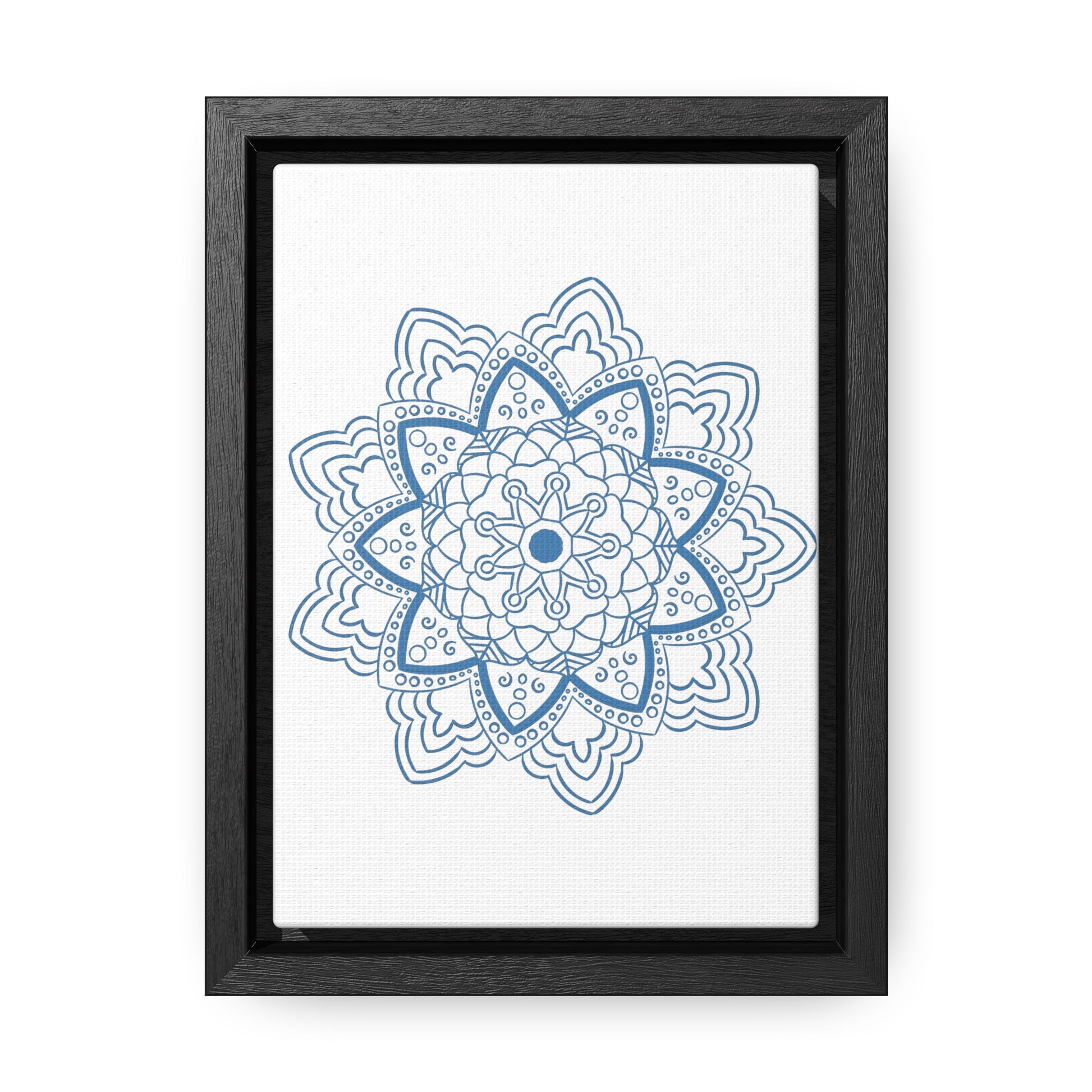 Handcrafted steel blue Mandala Design Wall Art on gallery canvas wraps, displayed in a vertical frame, for a unique and stunning addition to your home decor