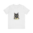 A black t-shirt featuring a fierce-looking black cat with striking yellow eyes