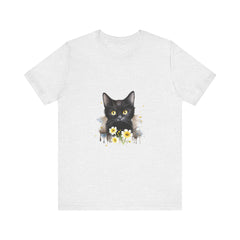 A black t-shirt featuring a fierce-looking black cat with striking yellow eyes