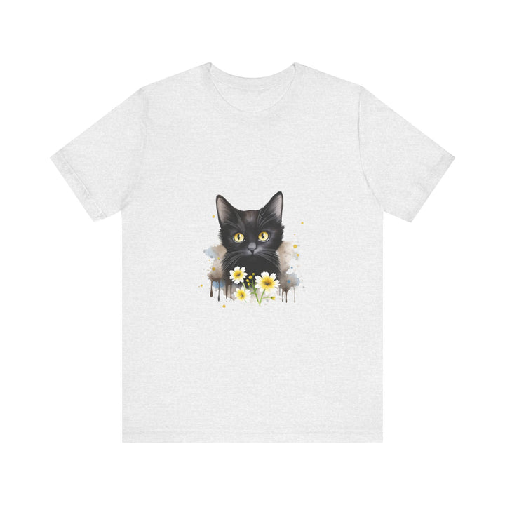 A black t-shirt featuring a fierce-looking black cat with striking yellow eyes