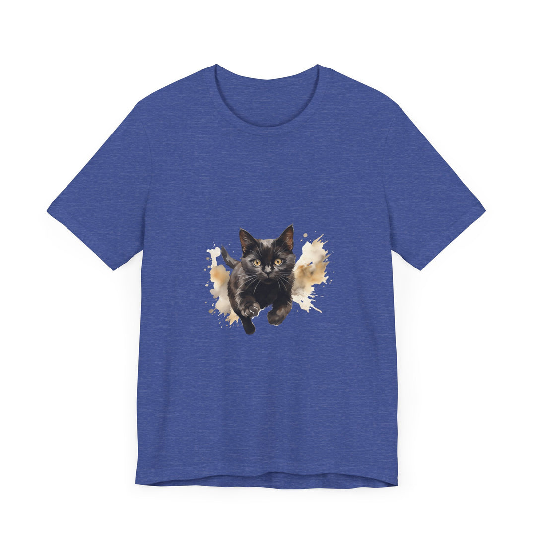 Black Cat Watercolor Sprint T-Shirt: A stylish and comfortable black t-shirt featuring a beautiful watercolor print of a black cat running, perfect for cat lovers and fashion enthusiasts