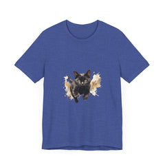 Black Cat Watercolor Sprint T-Shirt: A stylish and comfortable black t-shirt featuring a beautiful watercolor print of a black cat running, perfect for cat lovers and fashion enthusiasts