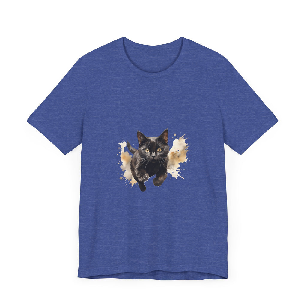 Black Cat Watercolor Sprint T-Shirt: A stylish and comfortable black t-shirt featuring a beautiful watercolor print of a black cat running, perfect for cat lovers and fashion enthusiasts