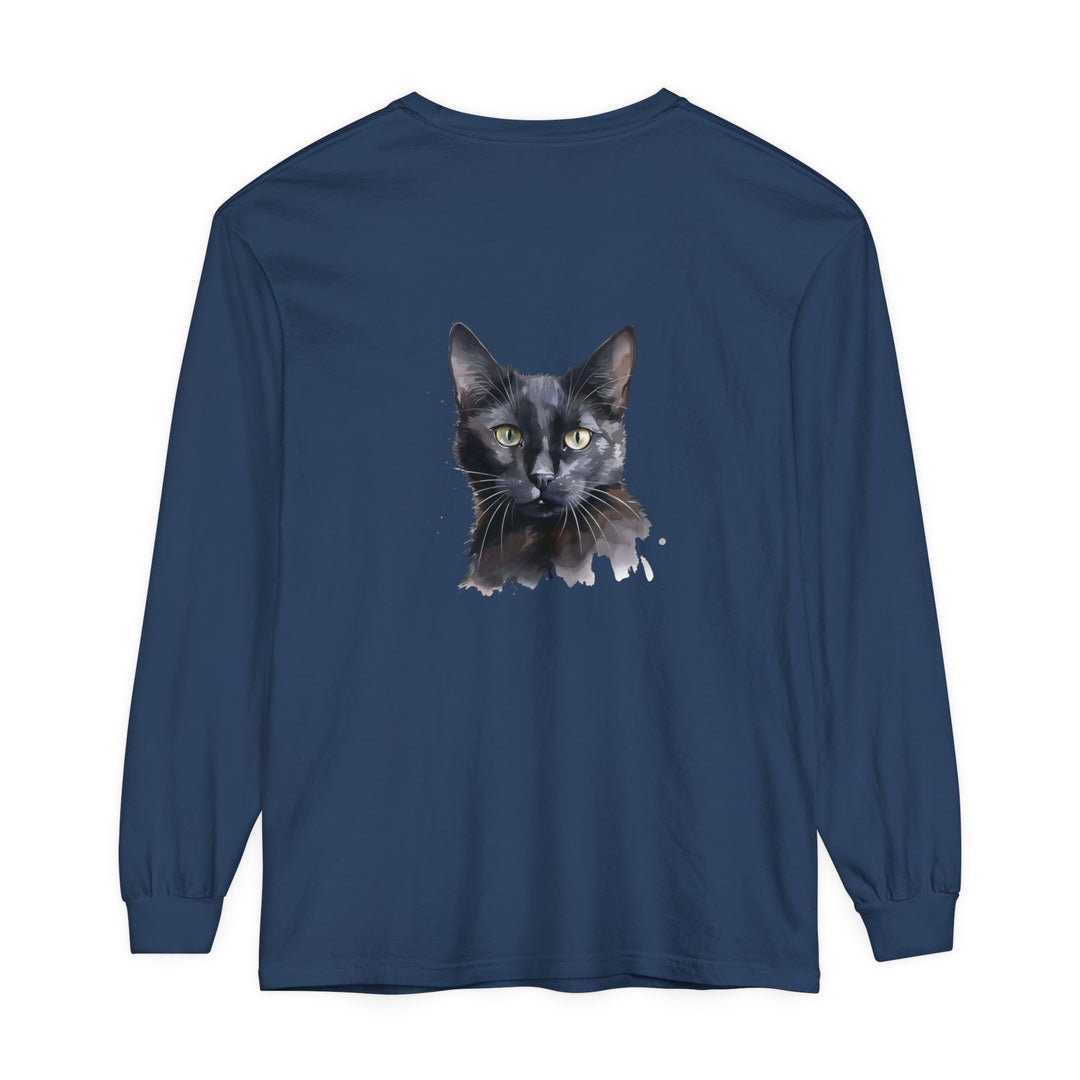 Black Cat Watercolor Mystical Long Sleeve T-Shirt featuring a stunning black cat in a watercolor design, perfect for any cat lover