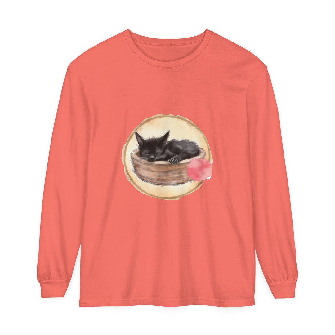 A watercolor illustration of a sleeping cat in a bowl on a long sleeve t-shirt