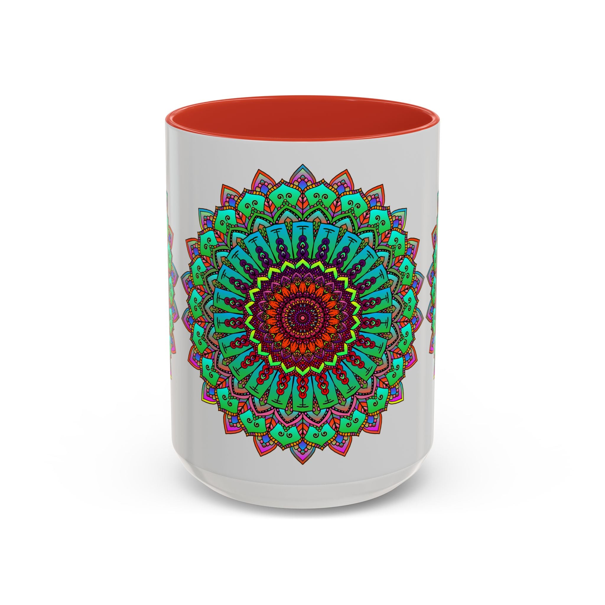 Handcrafted ceramic mug featuring a mandala art design in light grey and colorful accents