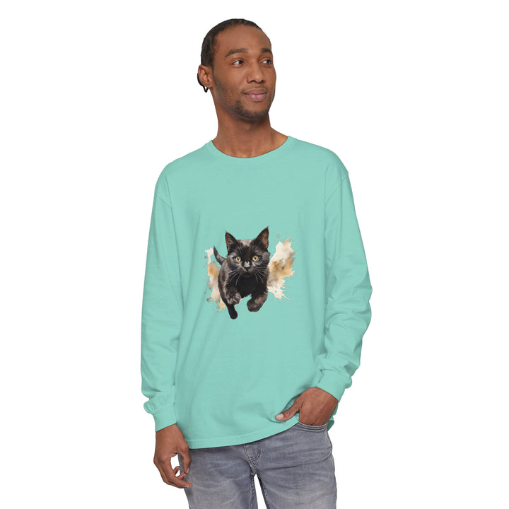 Black Cat Watercolor Sprint Unisex T-Shirt, featuring a vibrant watercolor design of a black cat sprinting across the front of the shirt, perfect for cat lovers and fans of unique, artistic fashion