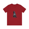 A close-up of a black cat watercolor t-shirt with a mystical design, featuring vibrant colors and intricate details, perfect for cat lovers and fans of unique fashion