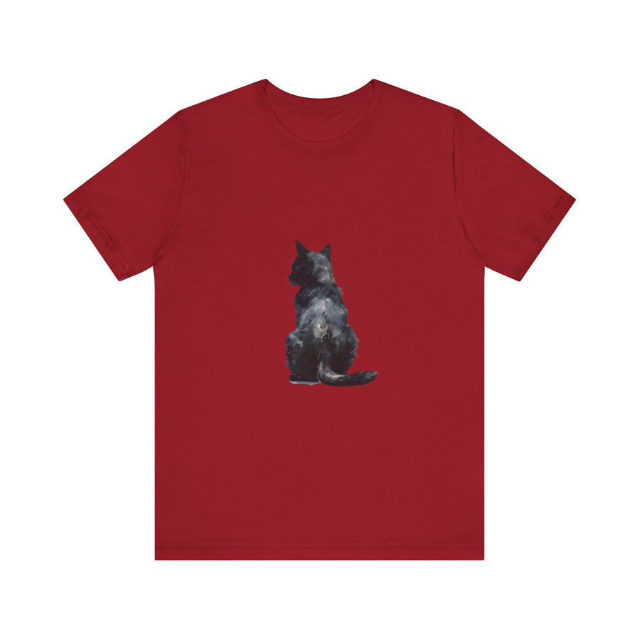 A close-up of a black cat watercolor t-shirt with a mystical design, featuring vibrant colors and intricate details, perfect for cat lovers and fans of unique fashion