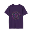 Vibrant, hand-drawn purple mandala art unisex softstyle t-shirt displayed on a white background
