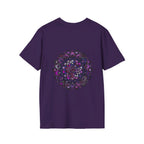 Vibrant, hand-drawn purple mandala art unisex softstyle t-shirt displayed on a white background