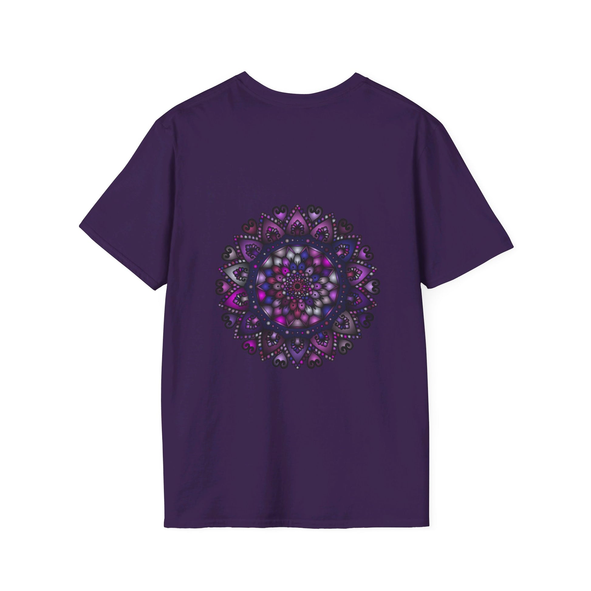 Vibrant, hand-drawn purple mandala art unisex softstyle t-shirt displayed on a white background