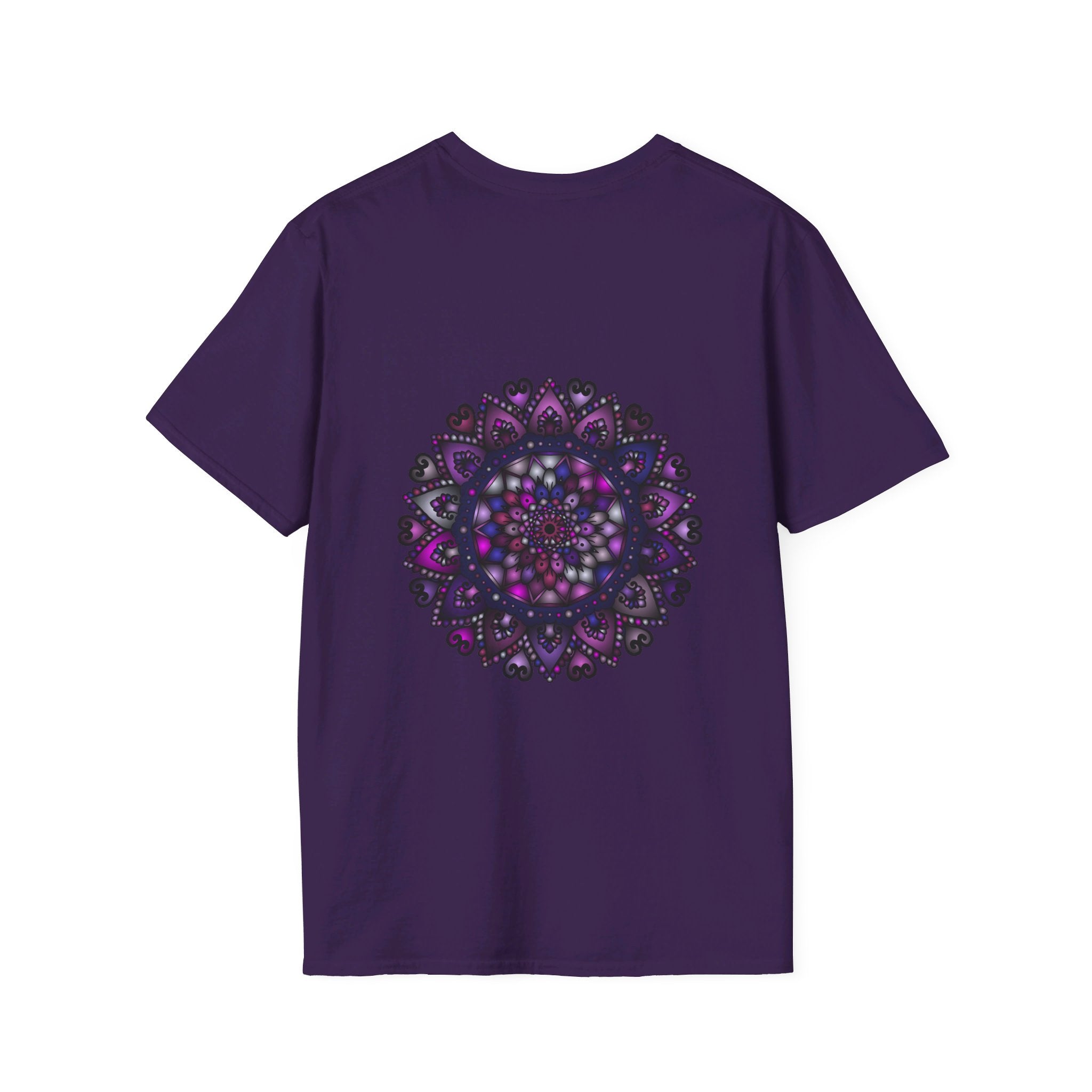 Vibrant, hand-drawn purple mandala art unisex softstyle t-shirt displayed on a white background