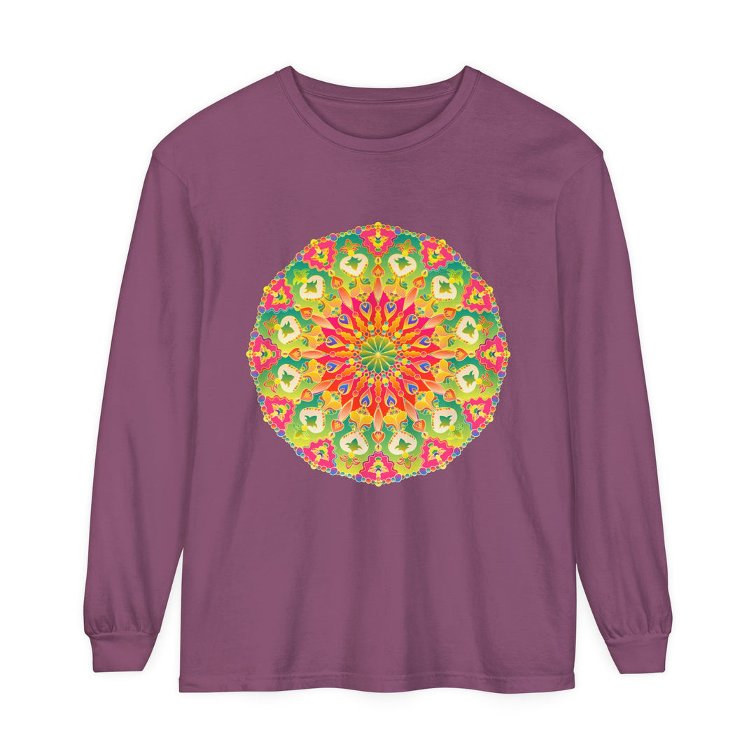 Close-up of a colorful and detailed intricate mandala design on a long sleeve t-shirt