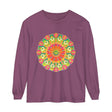 Close-up of a colorful and detailed intricate mandala design on a long sleeve t-shirt