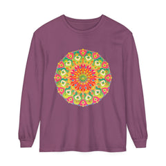 Close-up of a colorful and detailed intricate mandala design on a long sleeve t-shirt
