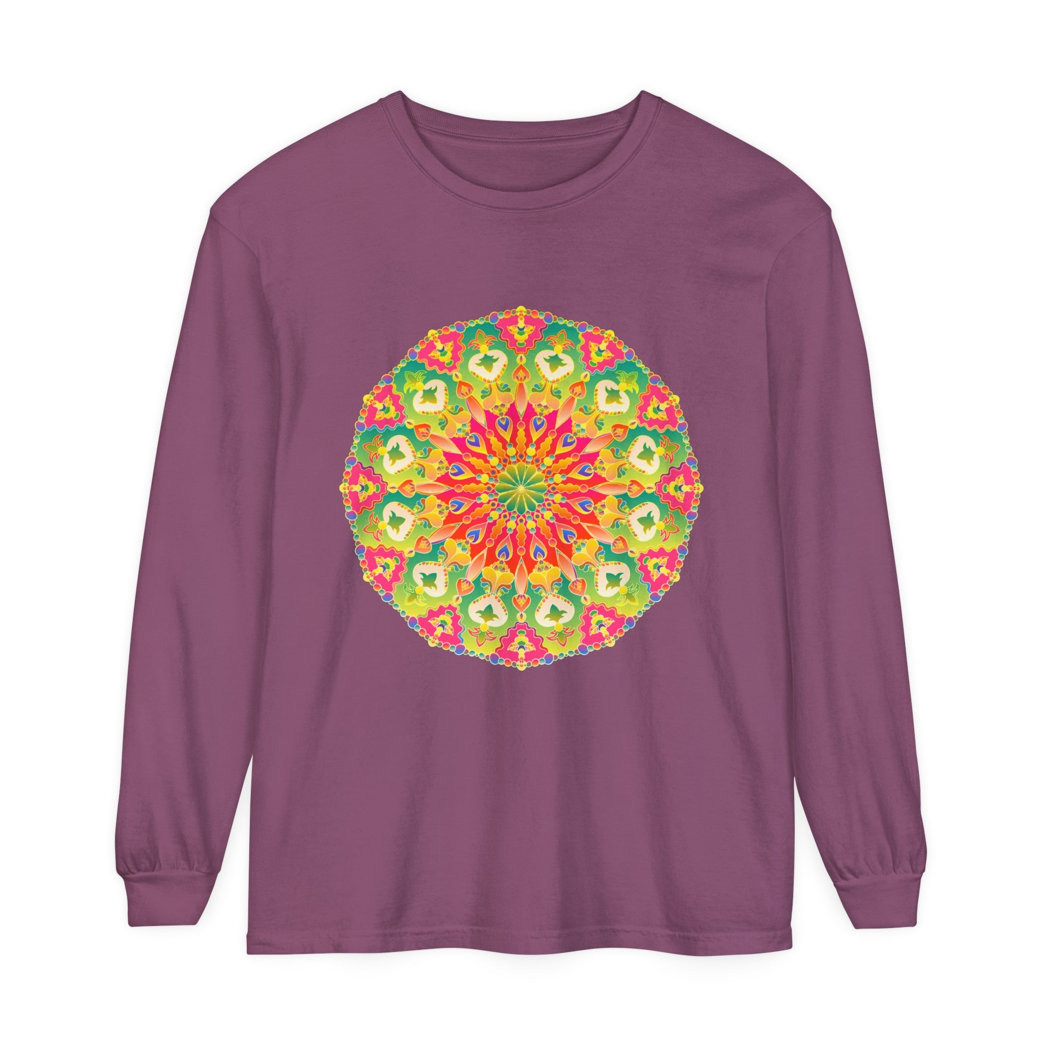 Close-up of a colorful and detailed intricate mandala design on a long sleeve t-shirt