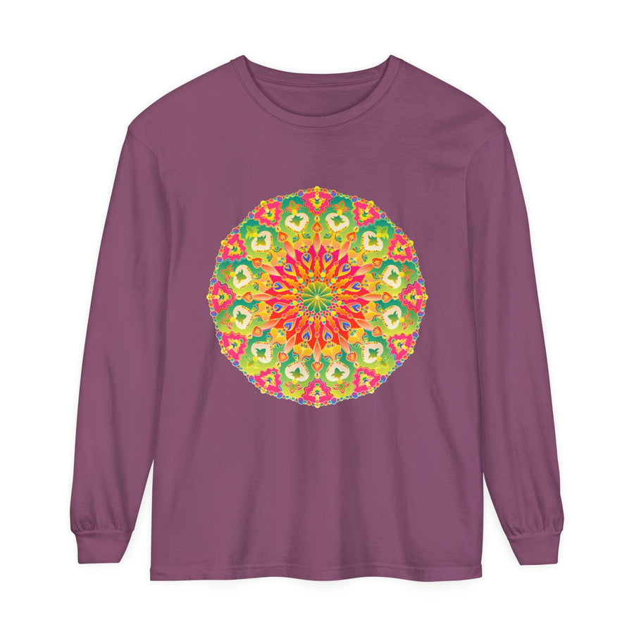 Close-up of a colorful and detailed intricate mandala design on a long sleeve t-shirt