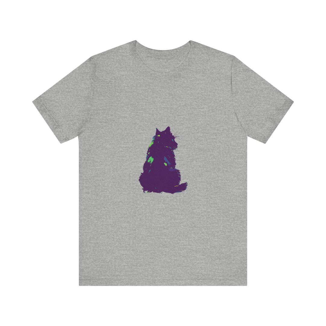 A vibrant and eye-catching black cat silhouette t-shirt, featuring a mysterious and colorful design