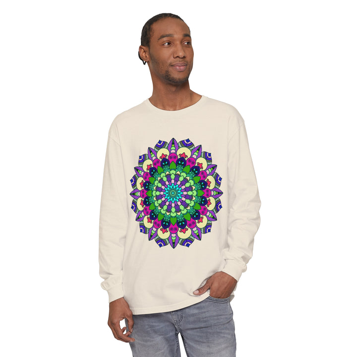 Colorful and intricate mandala design long sleeve t-shirt, suitable for both men and women