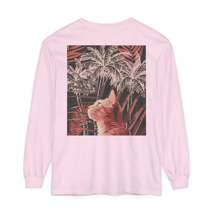 White t-shirt featuring a playful ginger cat lounging on a palm leaf