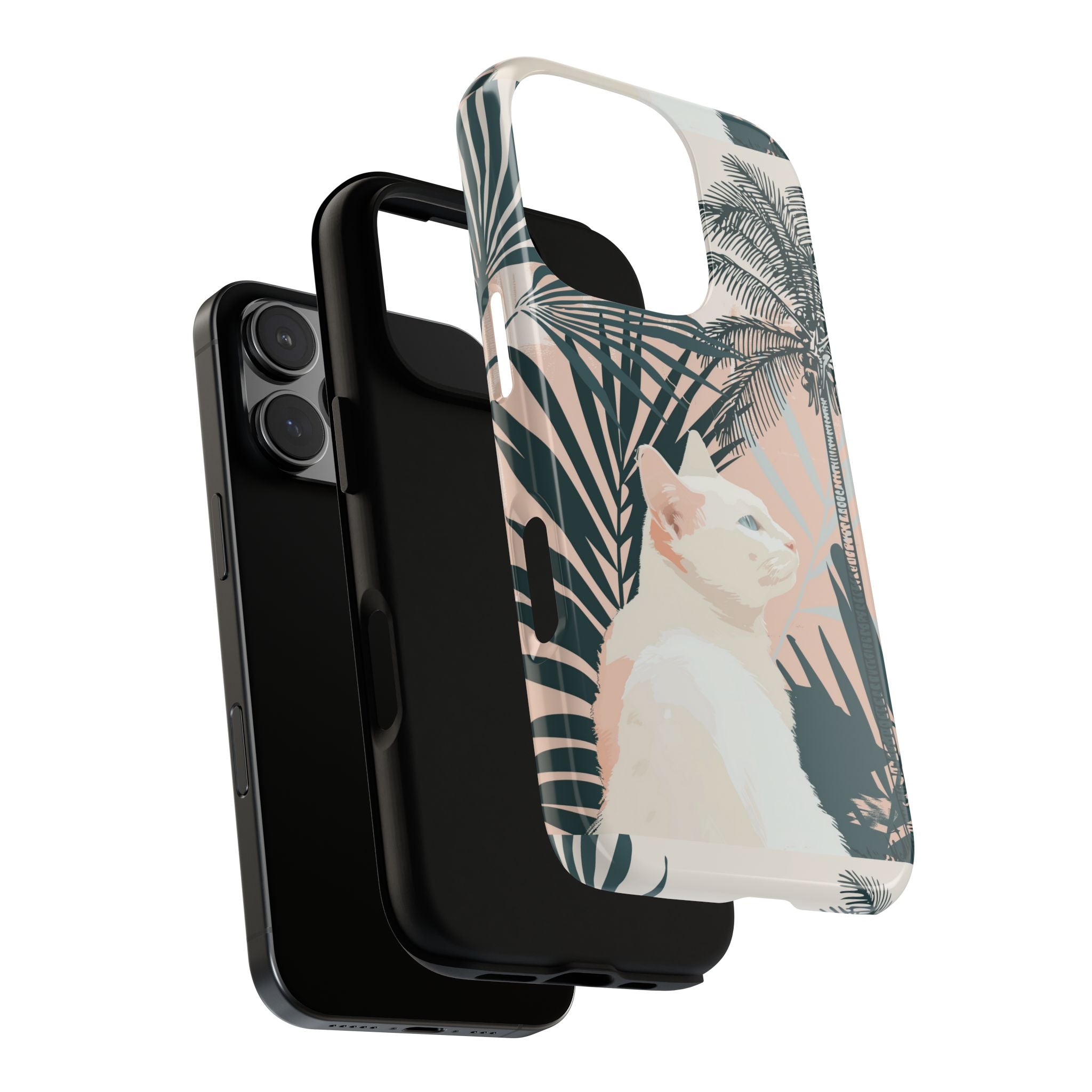 Tropische Katzen-Telefonhülle mit üppigen Palmenmotiven und sanften Pastelltönen