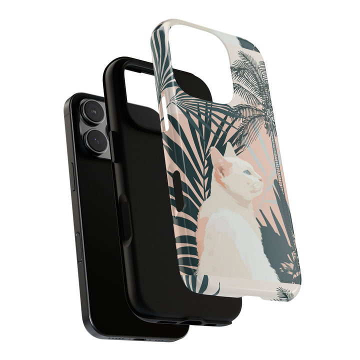 Tropische Katzen-Telefonhülle mit üppigen Palmenmotiven und sanften Pastelltönen