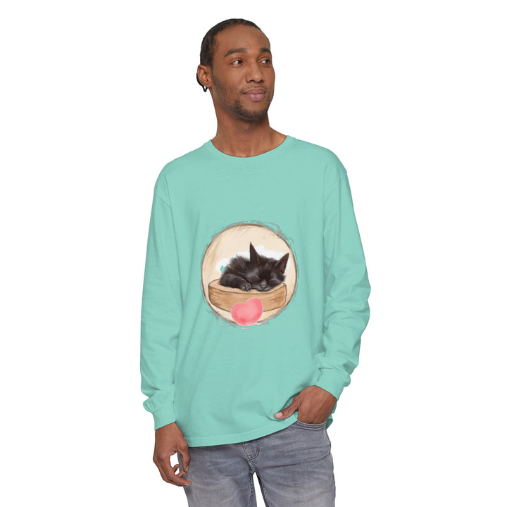 A cute and cozy unisex t-shirt featuring an adorable sleeping kitten design