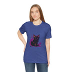 Schwarzes Katzenrätsel – Lila Farbspritzer-T-Shirt