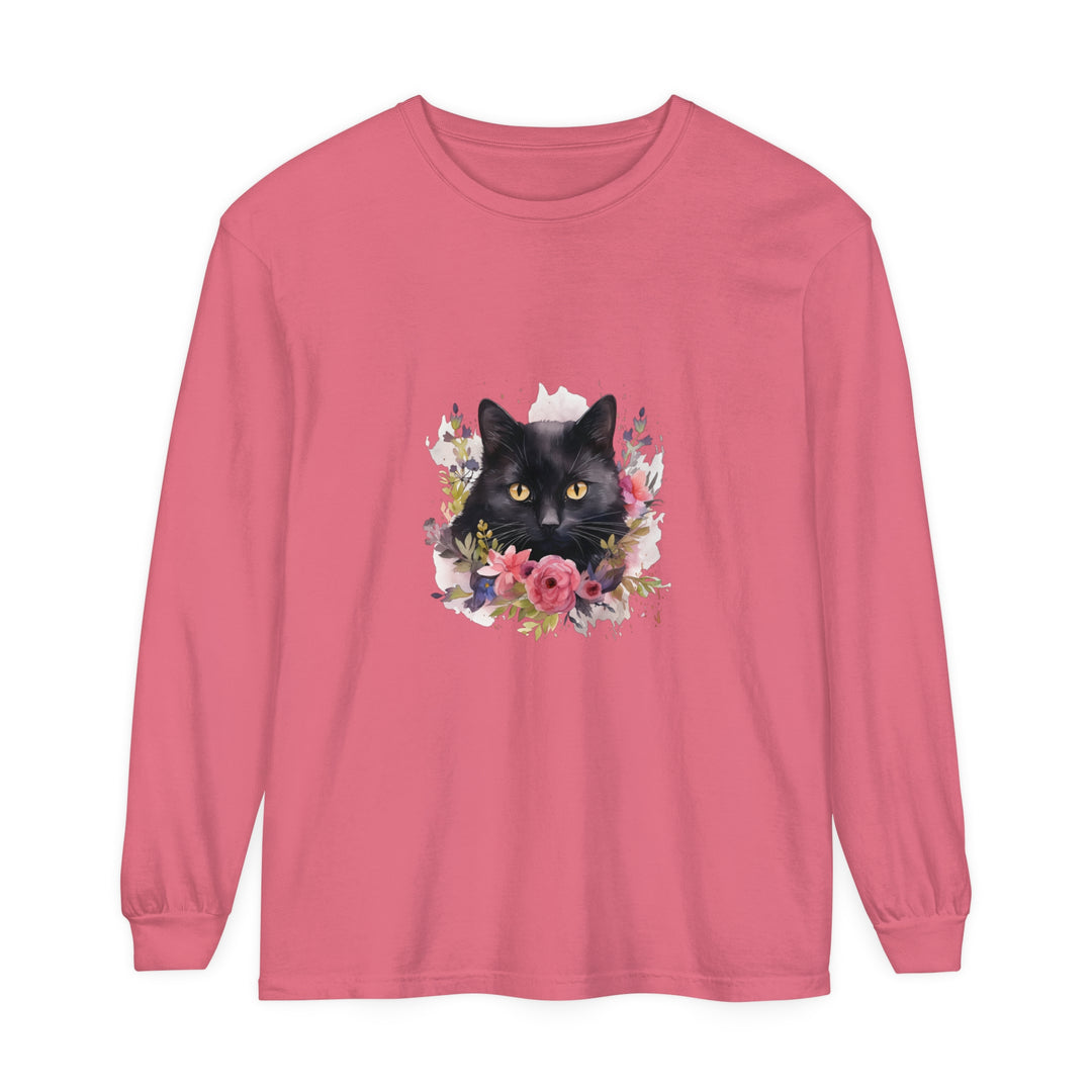 Black Cat Floral Watercolor Long Sleeve T-Shirt with vibrant and colorful hand-painted design