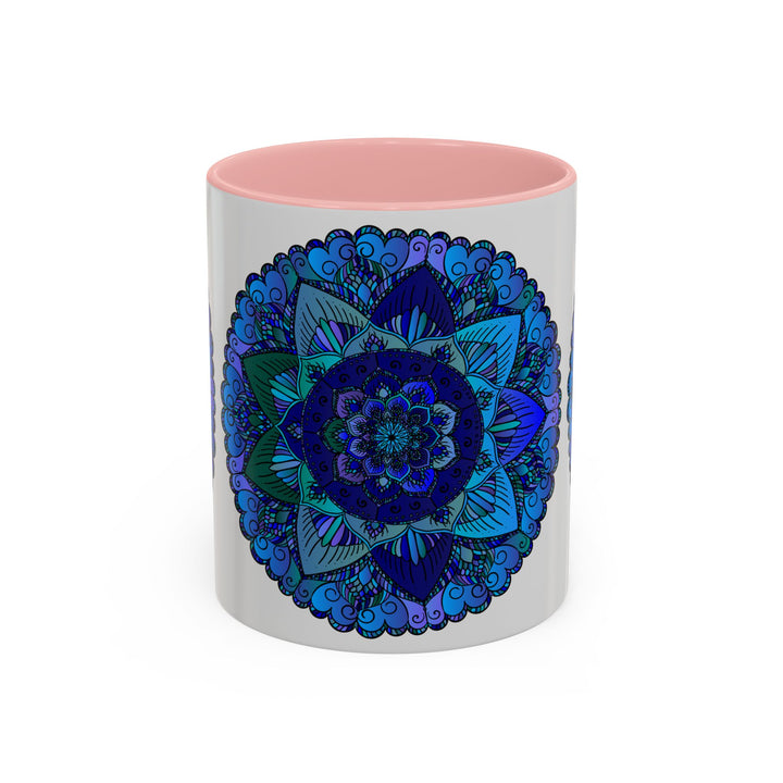 Blue and purple mandala mug featuring intricate bohemian art designs